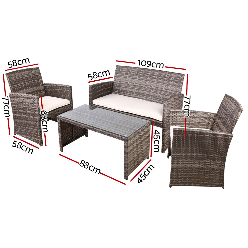 Gardeon 4 PCS Outdoor Sofa Set with Storage Cover Rattan Chair Furniture Grey - Ozstylz