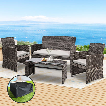 Gardeon 4 PCS Outdoor Sofa Set with Storage Cover Rattan Chair Furniture Grey - Ozstylz