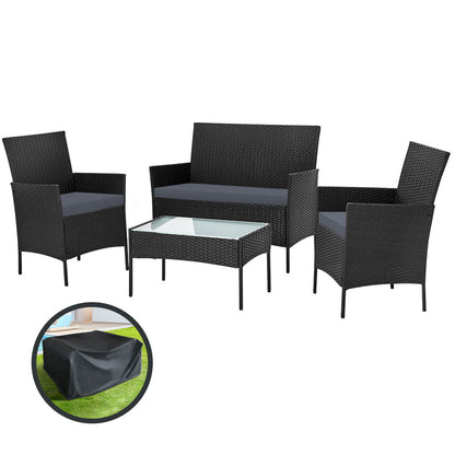 Gardeon 4 Seater Outdoor Sofa Set with Storage Cover Wicker Table Chair Black - Ozstylz