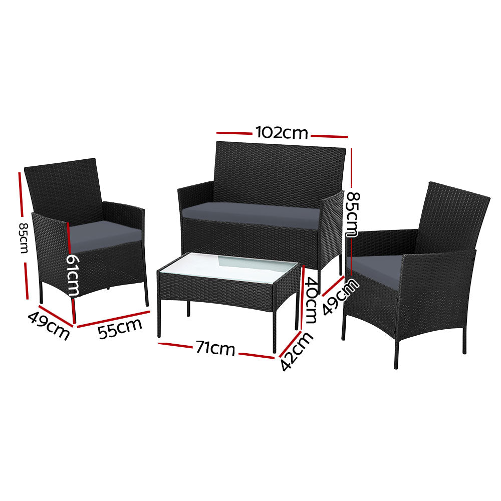 Gardeon 4 Seater Outdoor Sofa Set with Storage Cover Wicker Table Chair Black - Ozstylz