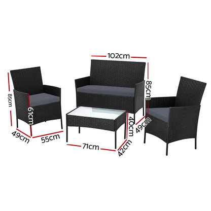 Gardeon 4 Seater Outdoor Sofa Set with Storage Cover Wicker Table Chair Black - Ozstylz