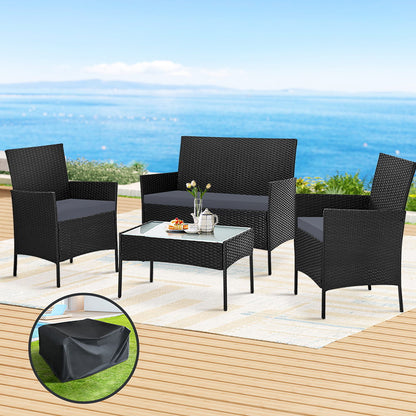 Gardeon 4 Seater Outdoor Sofa Set with Storage Cover Wicker Table Chair Black - Ozstylz