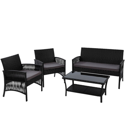 Gardeon 4PCS Outdoor Sofa Set Wicker Harp Chair Table Garden Furniture Black - Ozstylz