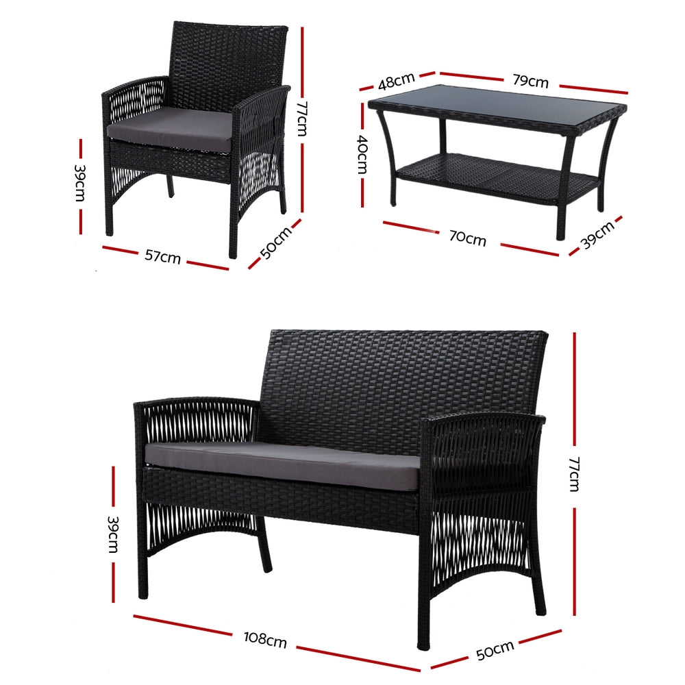 Gardeon 4PCS Outdoor Sofa Set Wicker Harp Chair Table Garden Furniture Black - Ozstylz