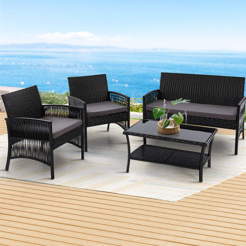 Gardeon 4PCS Outdoor Sofa Set Wicker Harp Chair Table Garden Furniture Black - Ozstylz