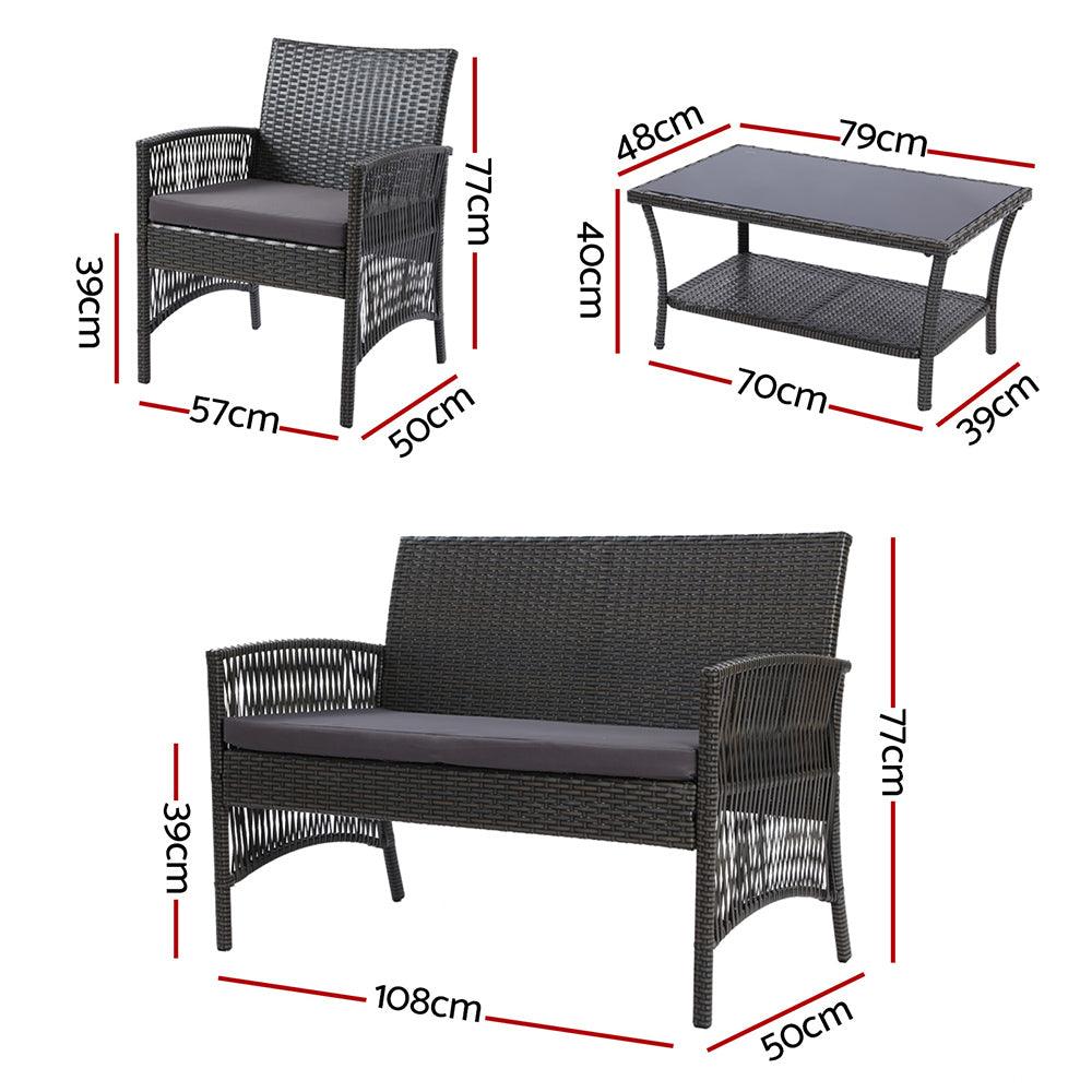 Gardeon 4PCS Outdoor Sofa Set Wicker Harp Chair Table Garden Furniture Grey - Ozstylz