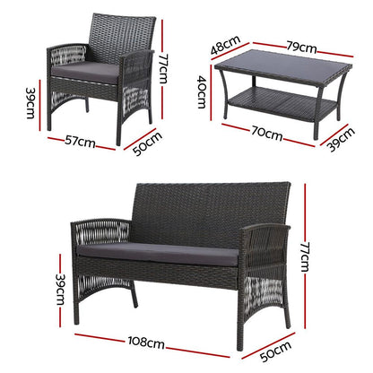 Gardeon 4PCS Outdoor Sofa Set Wicker Harp Chair Table Garden Furniture Grey - Ozstylz