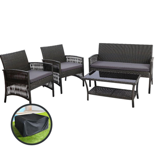 Gardeon 4PCS Outdoor Sofa Set with Storage Cover Wicker Harp Chair Table Grey - Ozstylz