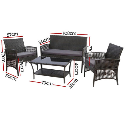 Gardeon 4PCS Outdoor Sofa Set with Storage Cover Wicker Harp Chair Table Grey - Ozstylz