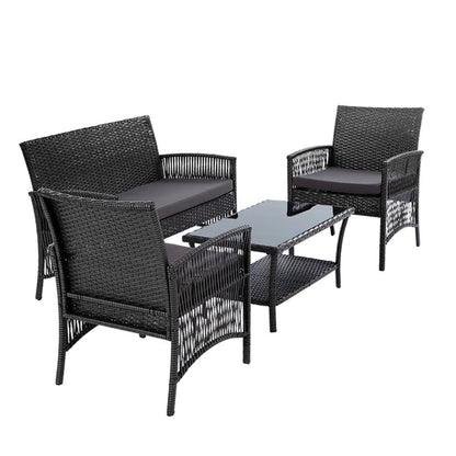 Gardeon 4PCS Outdoor Sofa Set with Storage Cover Wicker Harp Chair Table Grey - Ozstylz