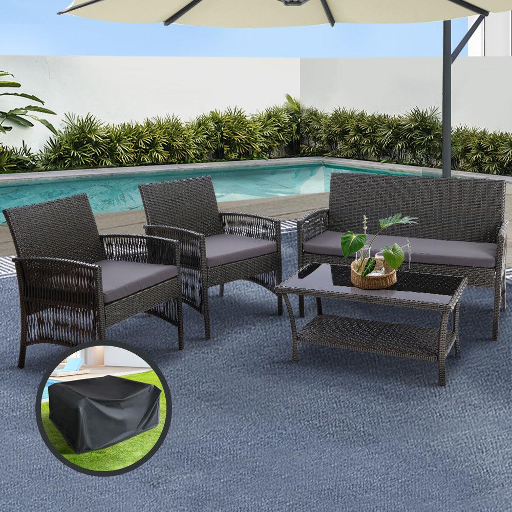 Gardeon 4PCS Outdoor Sofa Set with Storage Cover Wicker Harp Chair Table Grey - Ozstylz