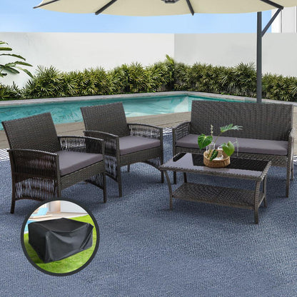 Gardeon 4PCS Outdoor Sofa Set with Storage Cover Wicker Harp Chair Table Grey - Ozstylz