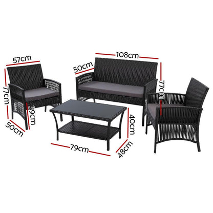 Gardeon 4PCS OutdoorSofa Set with Storage Cover Wicker Harp Chair Table Black - Ozstylz