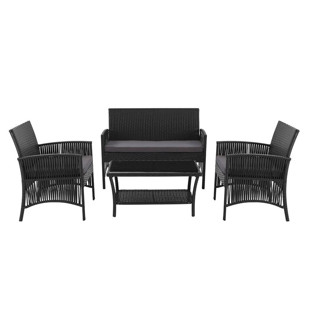 Gardeon 4PCS OutdoorSofa Set with Storage Cover Wicker Harp Chair Table Black - Ozstylz