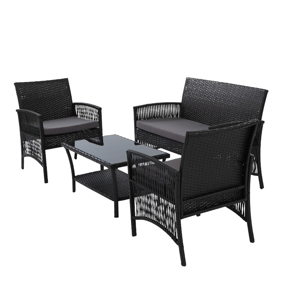 Gardeon 4PCS OutdoorSofa Set with Storage Cover Wicker Harp Chair Table Black - Ozstylz