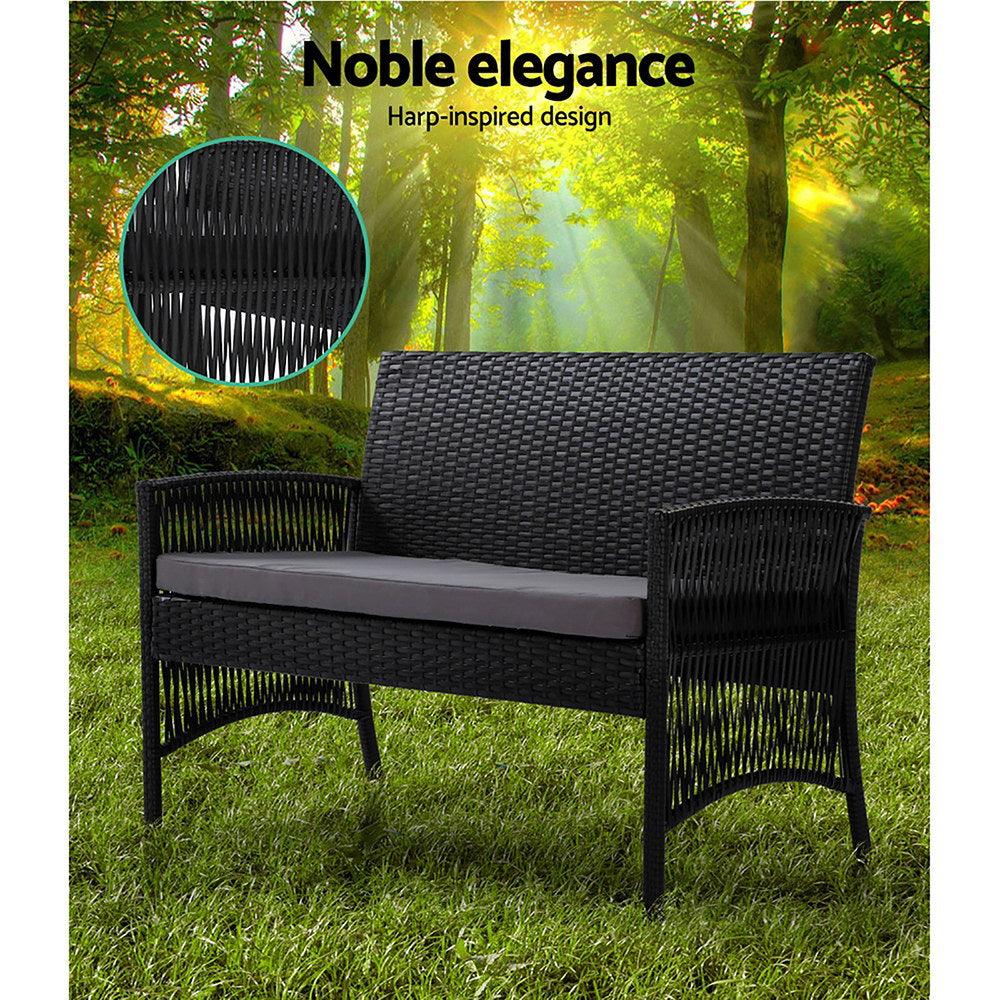 Gardeon 4PCS OutdoorSofa Set with Storage Cover Wicker Harp Chair Table Black - Ozstylz