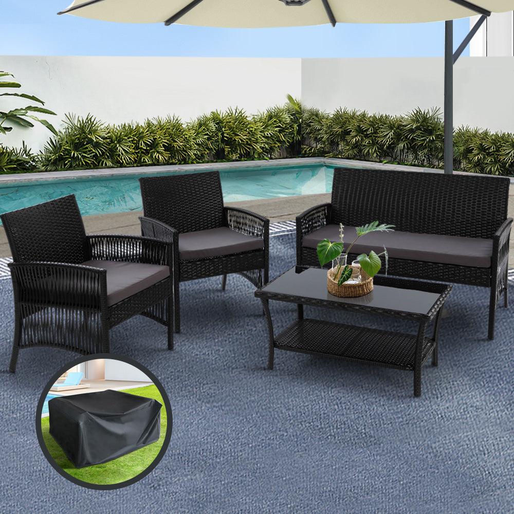 Gardeon 4PCS OutdoorSofa Set with Storage Cover Wicker Harp Chair Table Black - Ozstylz