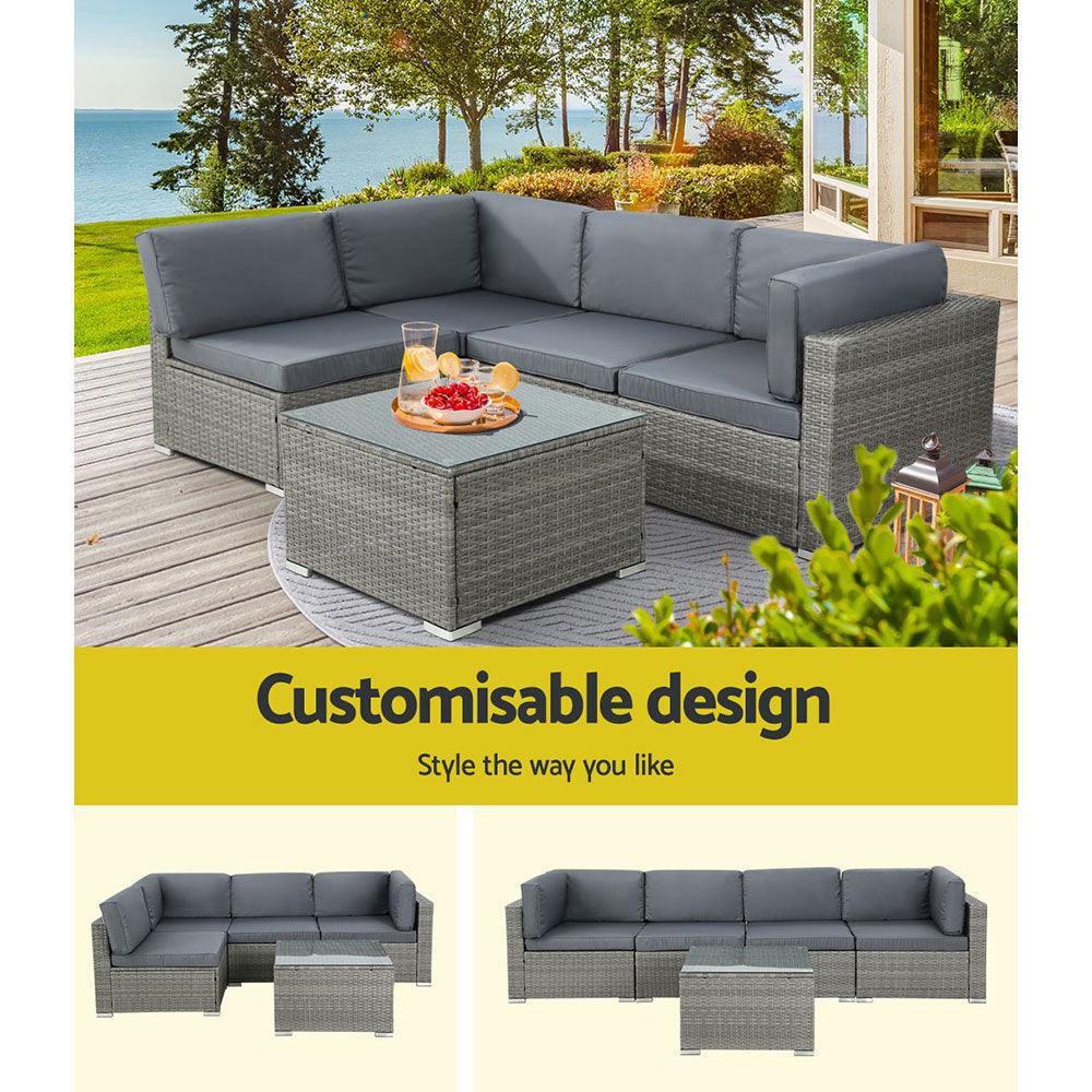 Gardeon 5-Piece Outdoor Sofa Set Wicker Couch Lounge Setting 4 Seater Grey - Ozstylz