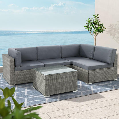 Gardeon 5-Piece Outdoor Sofa Set Wicker Couch Lounge Setting 4 Seater Grey - Ozstylz