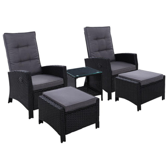 Gardeon 5PC Recliner Chairs Table Sun lounge Wicker Outdoor Furniture Adjustable Black - Ozstylz