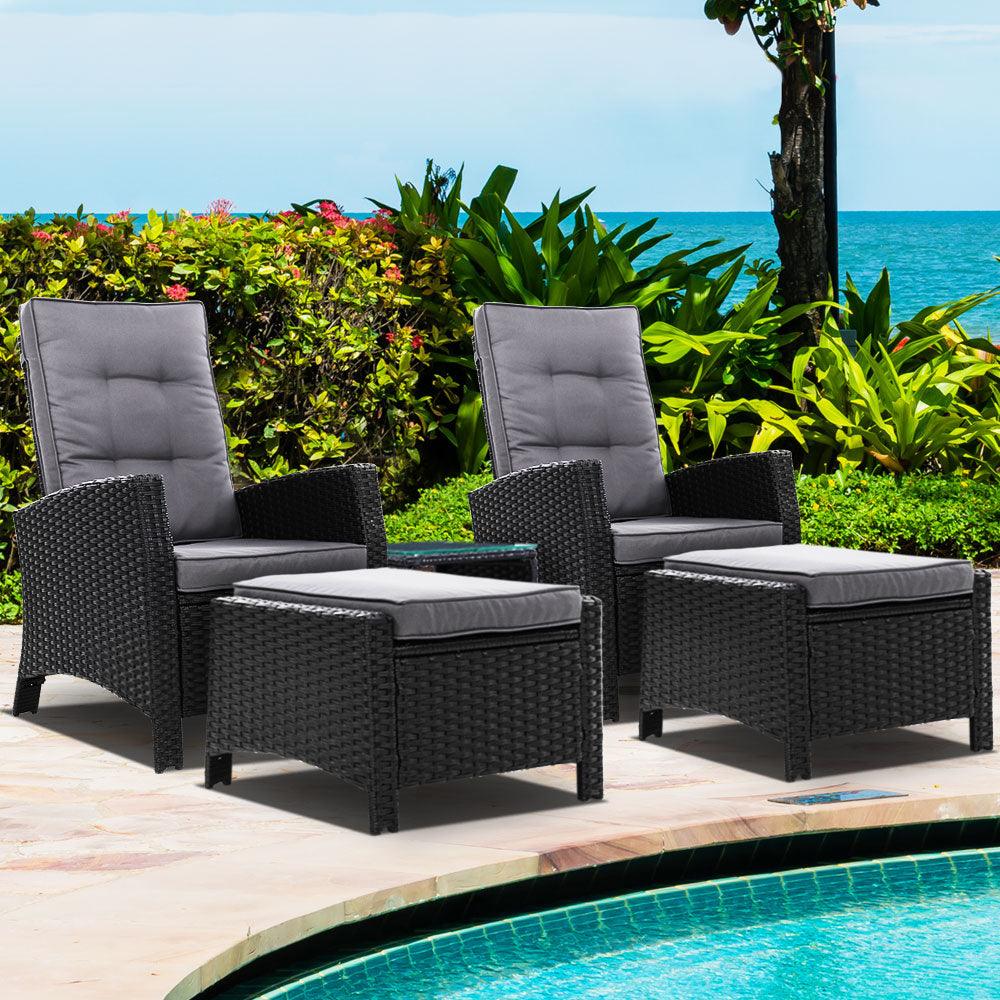 Gardeon 5PC Recliner Chairs Table Sun lounge Wicker Outdoor Furniture Adjustable Black - Ozstylz