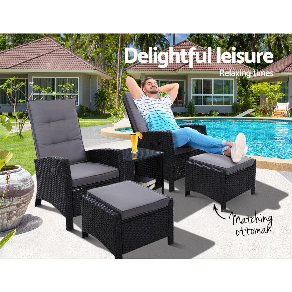 Gardeon 5PC Recliner Chairs Table Sun lounge Wicker Outdoor Furniture Adjustable Black - Ozstylz