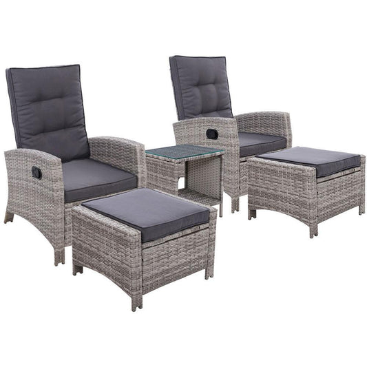 Gardeon 5PC Recliner Chairs Table Sun lounge Wicker Outdoor Furniture Adjustable Grey - Ozstylz