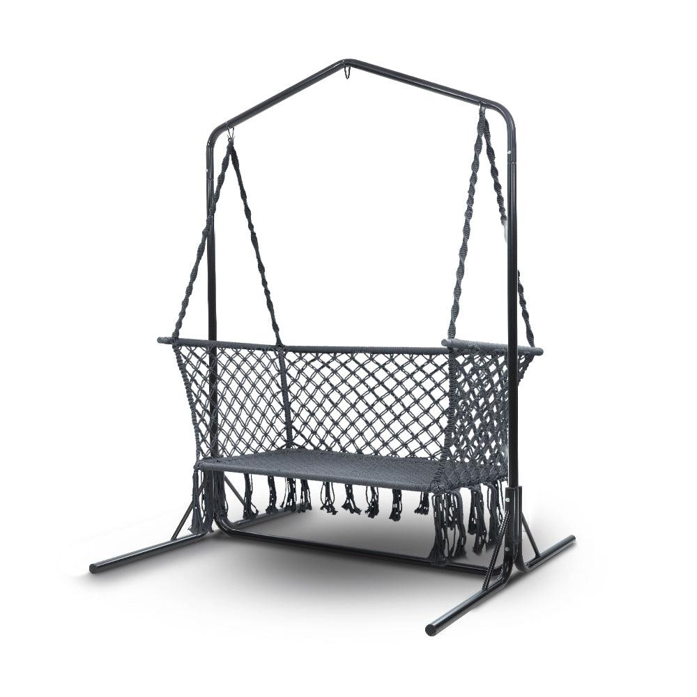 Gardeon Hammock Chair with Stand Macrame Outdoor Garden 2 Seater Grey - Ozstylz