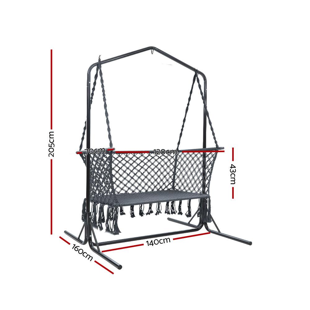 Gardeon Hammock Chair with Stand Macrame Outdoor Garden 2 Seater Grey - Ozstylz