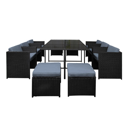 Gardeon Outdoor Dining Set 11 Piece Wicker Table Chairs Setting Black - Ozstylz