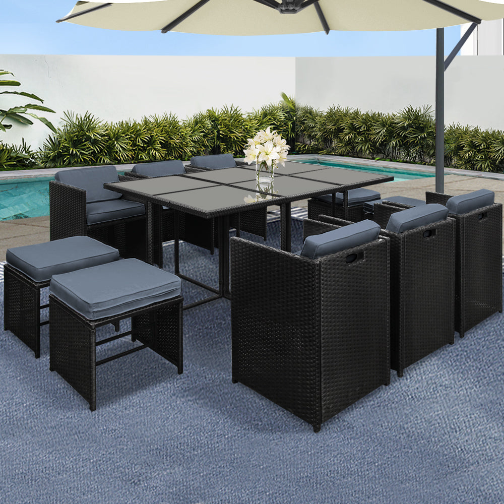 Gardeon Outdoor Dining Set 11 Piece Wicker Table Chairs Setting Black - Ozstylz