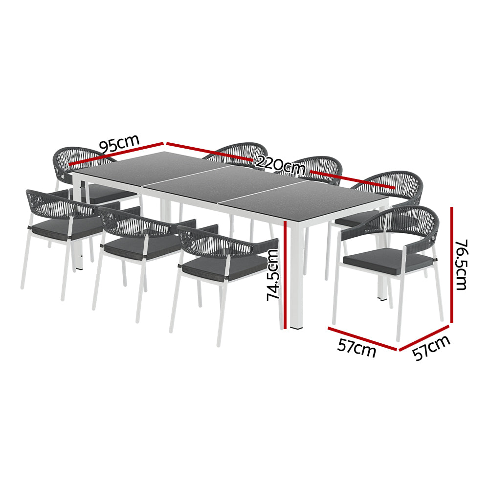 Gardeon Outdoor Dining Set 9 Piece Steel Table Chairs Setting White - Ozstylz