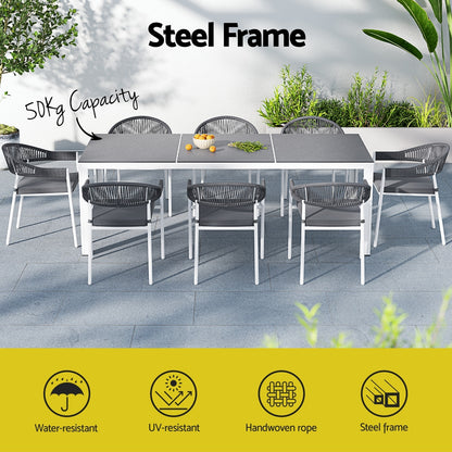 Gardeon Outdoor Dining Set 9 Piece Steel Table Chairs Setting White - Ozstylz