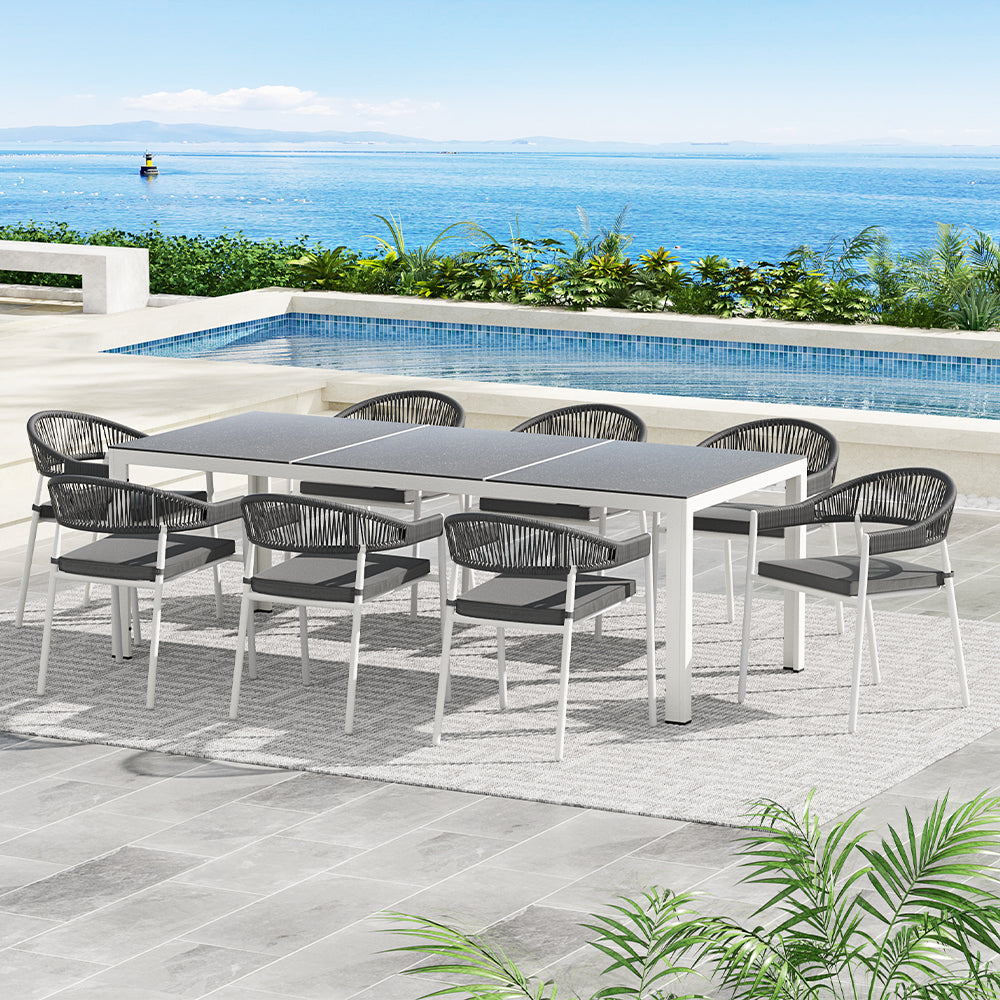 Gardeon Outdoor Dining Set 9 Piece Steel Table Chairs Setting White - Ozstylz