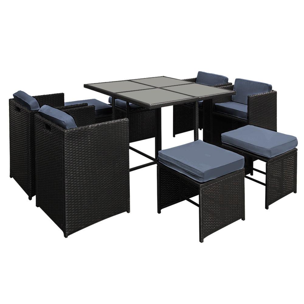 Gardeon Outdoor Dining Set 9 Piece Wicker Table Chairs Setting Black - Ozstylz