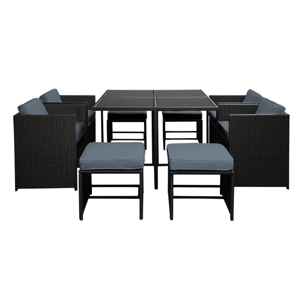 Gardeon Outdoor Dining Set 9 Piece Wicker Table Chairs Setting Black - Ozstylz