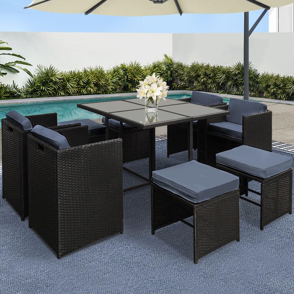 Gardeon Outdoor Dining Set 9 Piece Wicker Table Chairs Setting Black - Ozstylz