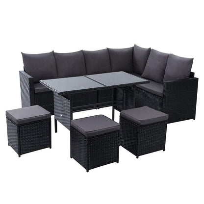 Gardeon Outdoor Dining Set Sofa Lounge Setting Chairs Table Ottoman Black Cover - Ozstylz