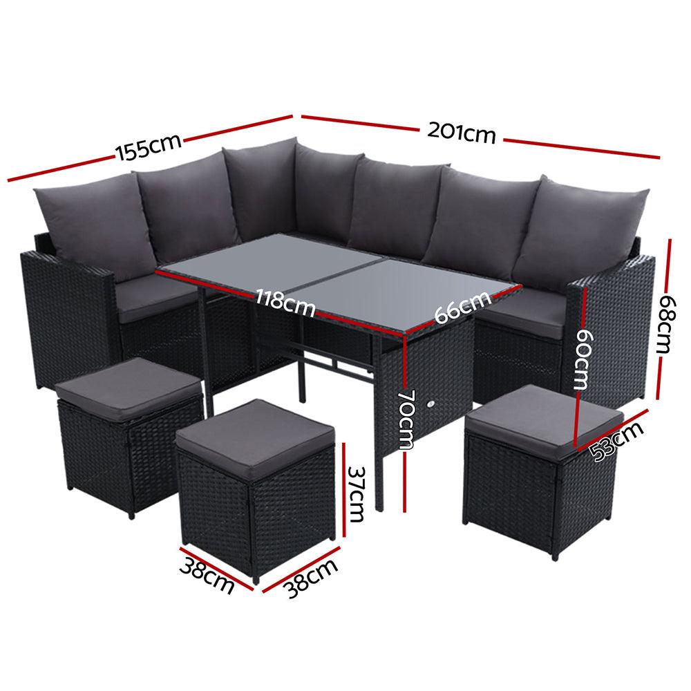 Gardeon Outdoor Dining Set Sofa Lounge Setting Chairs Table Ottoman Black Cover - Ozstylz