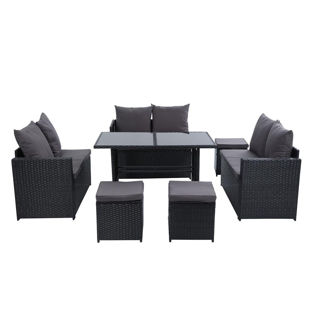 Gardeon Outdoor Dining Set Sofa Lounge Setting Chairs Table Ottoman Black Cover - Ozstylz