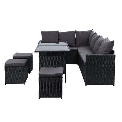 Gardeon Outdoor Dining Set Sofa Lounge Setting Chairs Table Ottoman Black Cover - Ozstylz