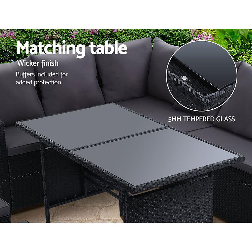 Gardeon Outdoor Dining Set Sofa Lounge Setting Chairs Table Ottoman Black Cover - Ozstylz