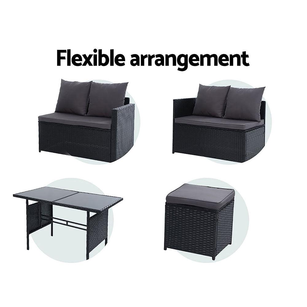 Gardeon Outdoor Dining Set Sofa Lounge Setting Chairs Table Ottoman Black Cover - Ozstylz