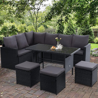 Gardeon Outdoor Dining Set Sofa Lounge Setting Chairs Table Ottoman Black Cover - Ozstylz