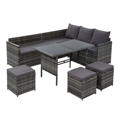 Gardeon Outdoor Dining Set Sofa Lounge Setting Chairs Table Ottoman Grey Cover - Ozstylz