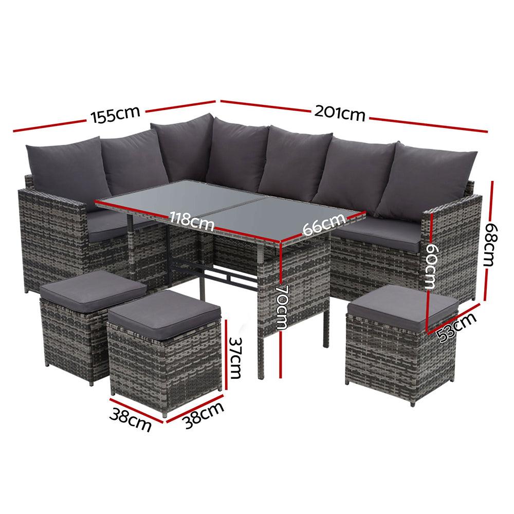 Gardeon Outdoor Dining Set Sofa Lounge Setting Chairs Table Ottoman Grey Cover - Ozstylz