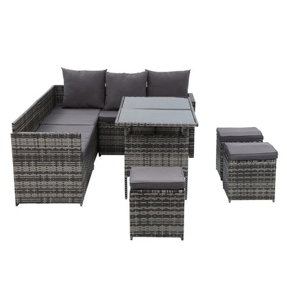 Gardeon Outdoor Dining Set Sofa Lounge Setting Chairs Table Ottoman Grey Cover - Ozstylz