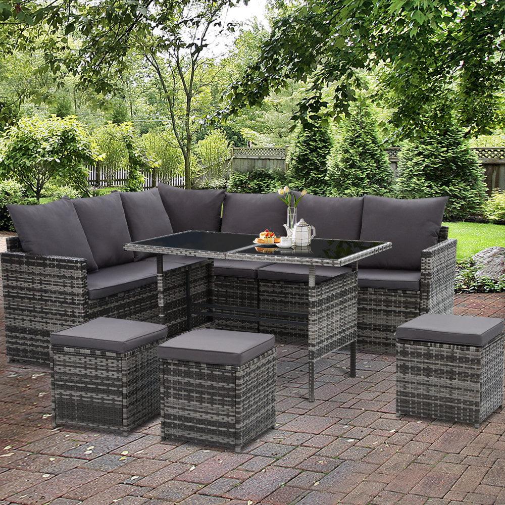 Gardeon Outdoor Dining Set Sofa Lounge Setting Chairs Table Ottoman Grey Cover - Ozstylz