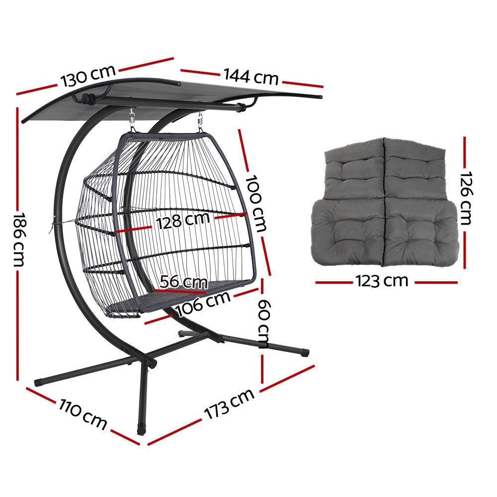 Gardeon Outdoor Egg Swing Chair Wicker Furniture Pod Stand Canopy 2 Seater Grey - Ozstylz