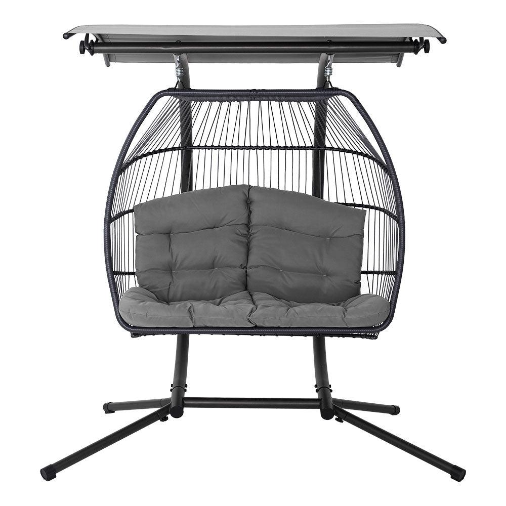 Gardeon Outdoor Egg Swing Chair Wicker Furniture Pod Stand Canopy 2 Seater Grey - Ozstylz